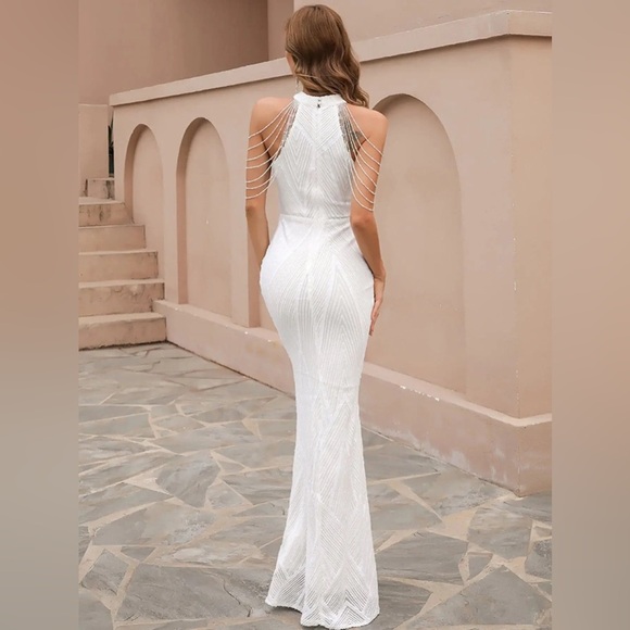 [SOLD] White Beaded Formal Dress Sequin Mermaid Cocktail Dress - Picture 4 of 11